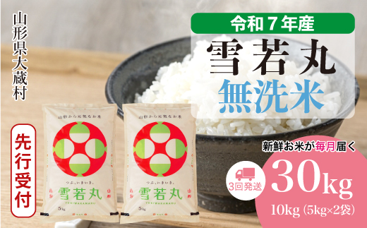 ＜令和7年産米先行受付＞ 令和8年1月上旬より発送 大蔵村産 雪若丸【無洗米】30kg定期便 (10kg×3回)　