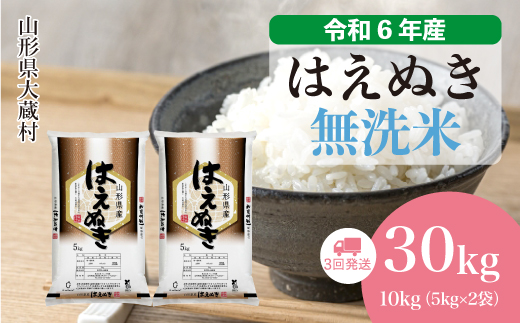 ＜令和6年産米＞ 令和6年12月下旬より配送開始 はえぬき【無洗米】30kg定期便 (10kg×3回)　大蔵村