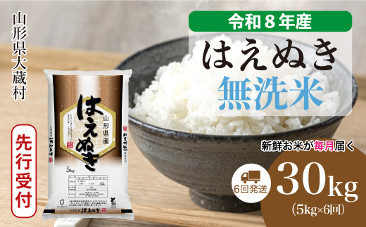 ＜令和8年産米先行受付＞ 令和9年3月上旬より発送  はえぬき【無洗米】30kg定期便 (5kg×6回） 山形県大蔵村