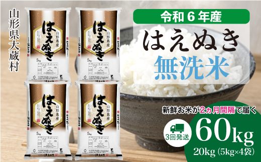 ＜令和6年産米＞ 令和7年5月上旬より配送開始 はえぬき【無洗米】60kg定期便(20kg×3回)　大蔵村