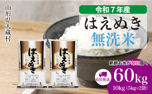 ＜令和7年産米＞ 令和8年4月下旬より発送 はえぬき【無洗米】60kg定期便(10kg×6回)