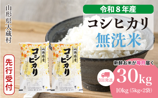 ＜令和8年産米先行受付＞ 令和9年4月下旬より発送  こしひかり【無洗米】30kg定期便 (10kg×3回） 山形県大蔵村