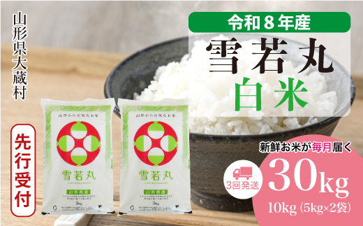 ＜令和8年産米先行受付＞ 令和8年12月下旬より発送  雪若丸【白米】30kg定期便 (10kg×3回） 山形県大蔵村