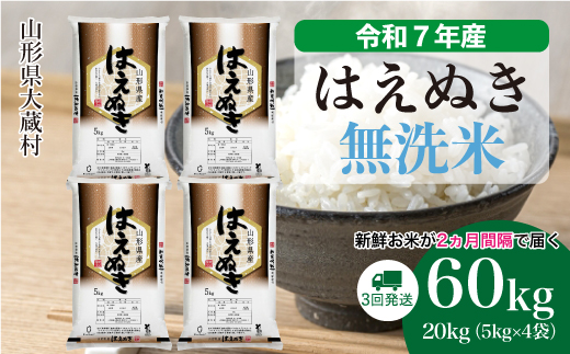 ＜令和7年産米＞ 令和8年2月上旬より発送 はえぬき【無洗米】60kg定期便(20kg×3回)
