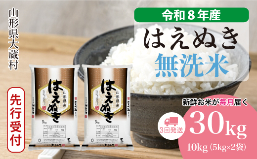 ＜令和8年産米先行受付＞ 令和9年1月下旬より発送  はえぬき【無洗米】30kg定期便 (10kg×3回） 山形県大蔵村