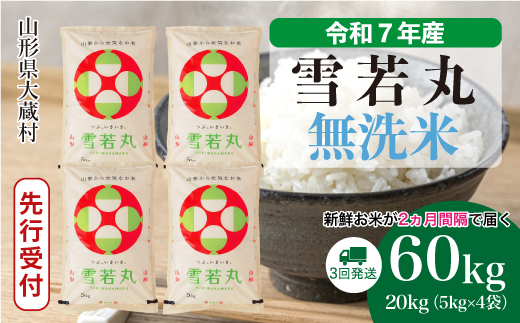 ＜令和7年産米先行受付＞ 令和8年2月下旬より発送 大蔵村産 雪若丸【無洗米】60kg定期便(20kg×3回)　