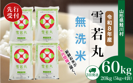 ＜令和8年産米先行受付＞ 令和9年3月中旬より配送開始 雪若丸【無洗米】60kg定期便(20kg×3回)　鮭川村