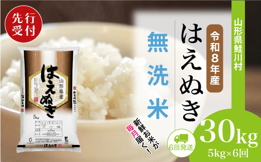 ＜令和8年産米先行受付＞ 令和9年1月上旬より配送開始 はえぬき【無洗米】30kg定期便 (5kg×6回)　鮭川村