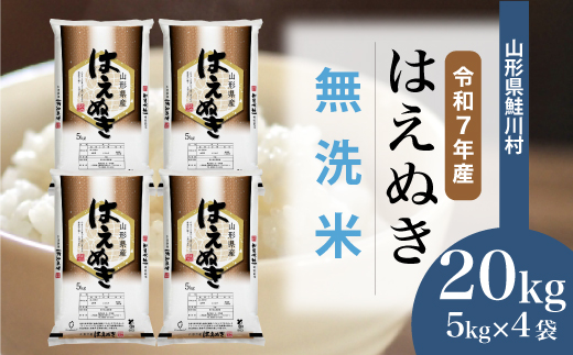 ＜令和7年産米＞ 令和8年7月上旬発送　はえぬき 【無洗米】 20kg （5kg×4袋） 鮭川村