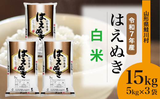 ＜令和7年産米＞ 令和8年2月下旬発送　はえぬき 【白米】 15kg （5kg×3袋） 鮭川村