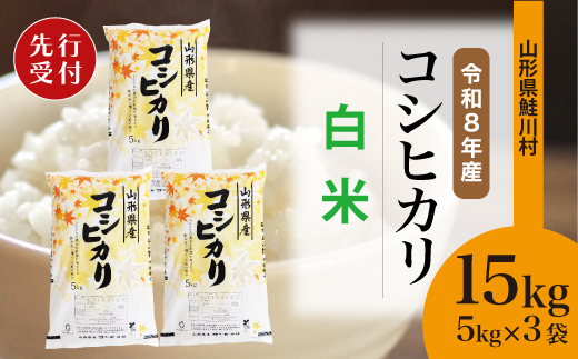 ＜令和8年産米先行受付＞ 令和9年2月上旬発送　こしひかり 【白米】 15kg （5kg×3袋） 鮭川村