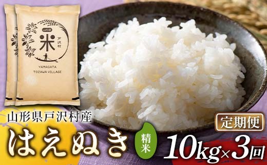 【定期便3回】令和7年度 山形県戸沢村産 はえぬき 10kg(5kg×2)×3回 合計30kg 精米 白米 お米 米 米米 新米 ご飯 ごはん ブランド米 銘柄米 2025年産 令和7年度産 家庭用 自宅用 贈答用 お取り寄せ 食品 定期便 頒布会 毎月届く 山形県 戸沢村  F7W-0232