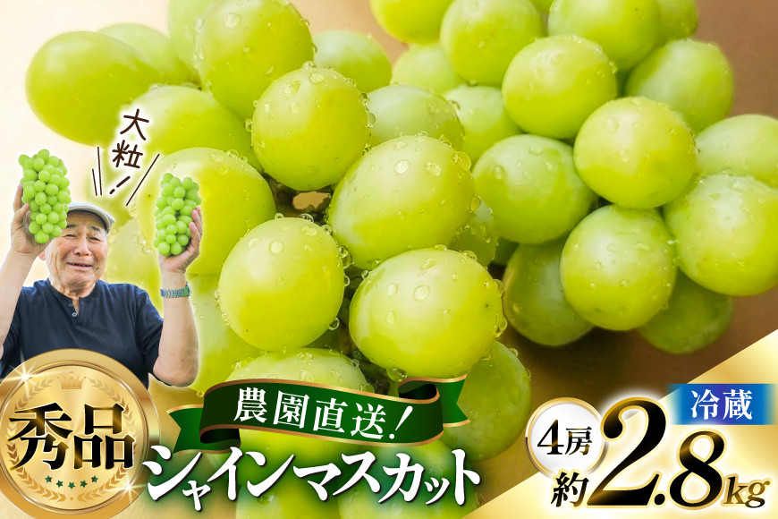 【期間限定発送】 シャインマスカット 秀 4房 約 2.8kg [もん前の里 山形県 高畠町 tk06ays960005] フルーツ 果物 くだもの ぶどう ブドウ 葡萄 2.8キロ 甘い