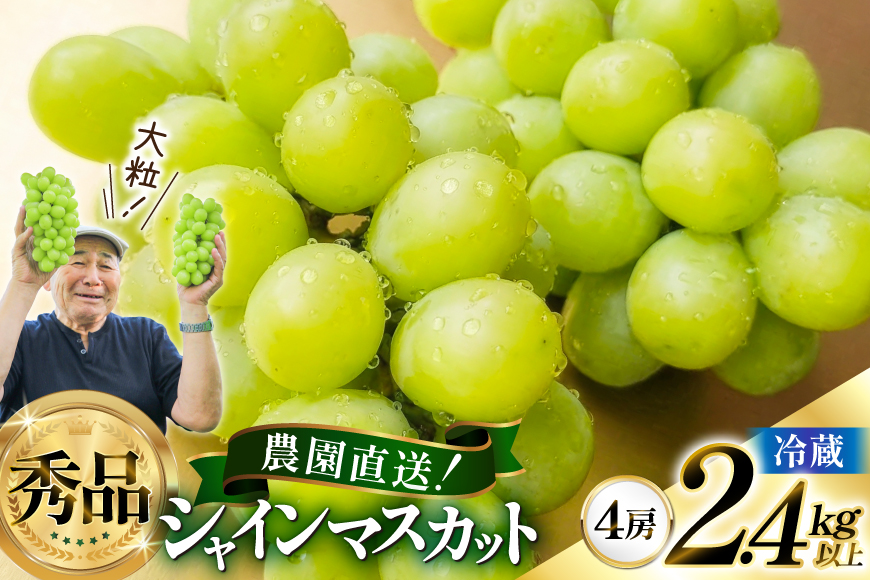 【期間限定発送】 シャインマスカット 秀 4房 2.4kg 以上 [もん前の里 山形県 高畠町 tk06ays960003] フルーツ 果物 くだもの ぶどう ブドウ 葡萄 2.4キロ 甘い