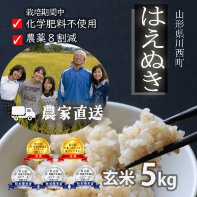 令和7年産 コンクール受賞農家直送 山形県産はえぬき5kg 玄米【浦田農園 むすび米】【1522426】