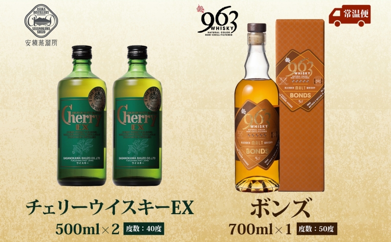 チェリーウィスキーEX40％ BONDS963 2種セット ブレンデッド ウイスキー 地ウィスキー 酒 アルコール ハイボール 晩酌 特別 プレゼント 原酒 樽 熟成 BONDS オリジナル 宅飲み ウィスキー ギフト お取り寄せ ご当地 送料無料 福島県 郡山市