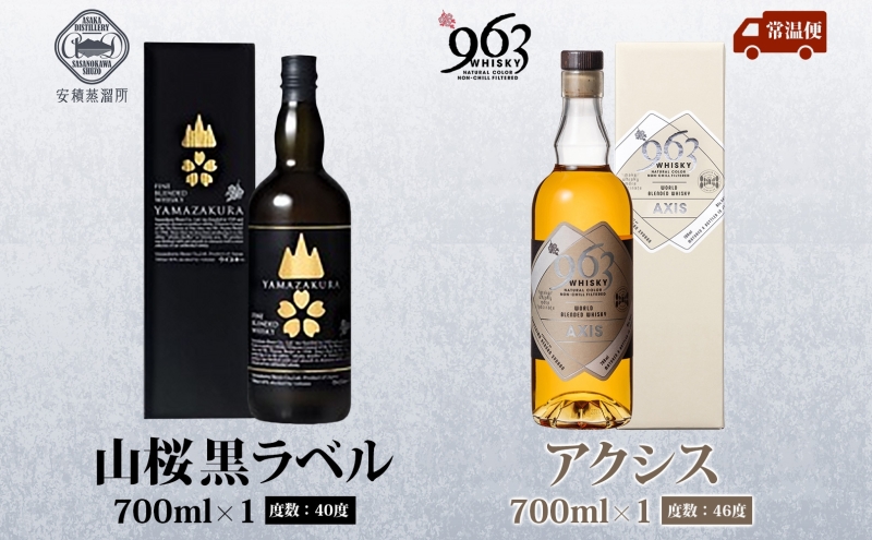 YAMAZAKURA 黒ラベル 963 アクシス ブレンデッドウイスキー 2種セット 特製ピンバッジ付 ウイスキー お酒 アルコール ハイボール 原酒 樽 熟成 AXIS オリジナル 宅飲み 晩酌 ウィスキー ギフト お取り寄せ ご当地 送料無料 福島県 郡山市