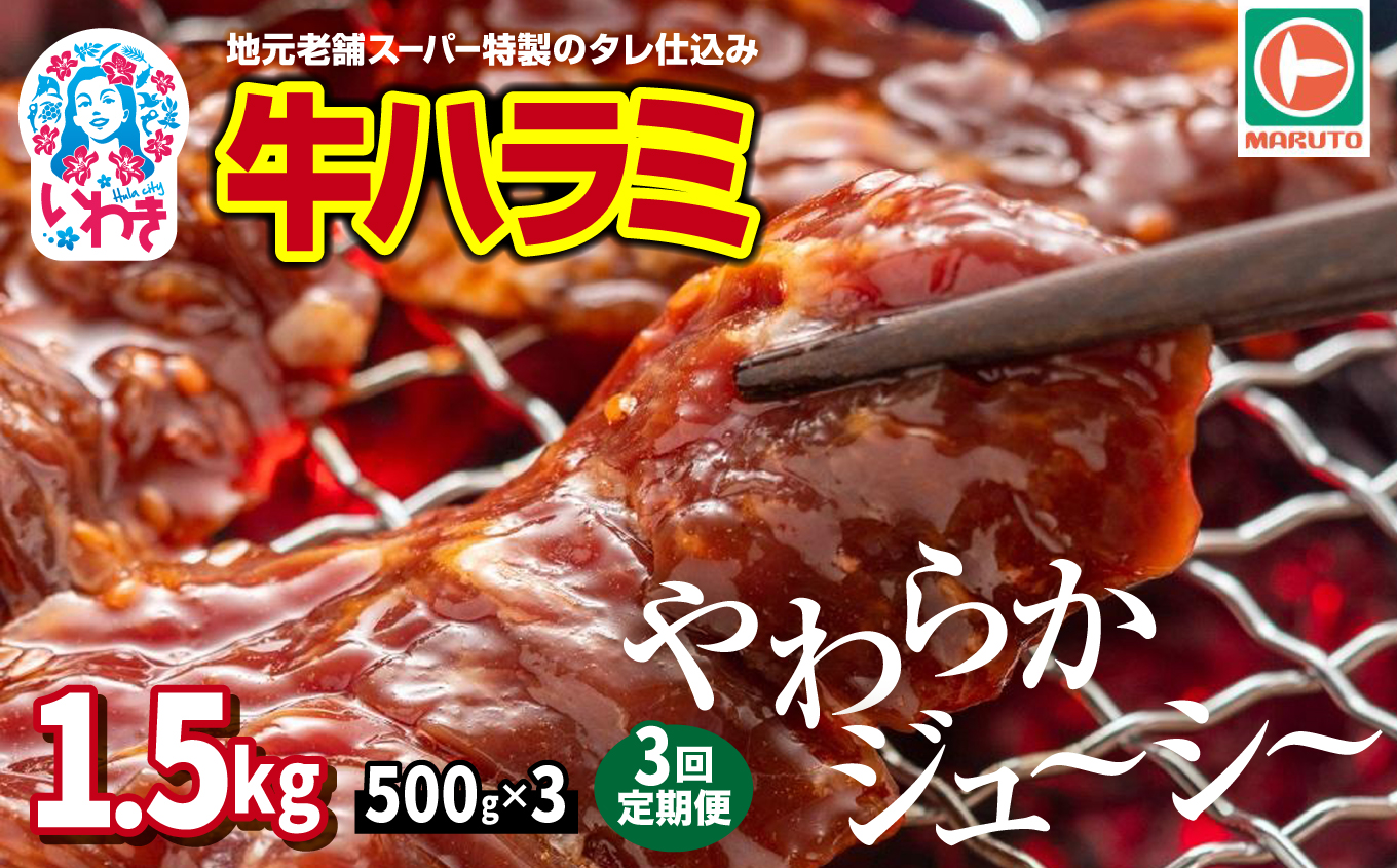 【定期便/計3回】味付き牛ハラミ　1.5kg（500g×3パック）毎月定期便 | 特製タレ 焼くだけ 手作業で加工 焼肉 お取り寄せ バーベキュー ふるさと納税はらみ ふるさと納税ハラミ 柔らかい やわらかい 父の日 | EQ033-t3