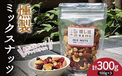 自然派おやつでリラックスタイム 香り豊かな 燻製ミックスナッツ300g（100g×3袋） アーモンド カシューナッツ ジャイアントコーン クランベリー レーズン ナッツ 木の実 小分け 無添加 おつまみ おやつ F7X-0296