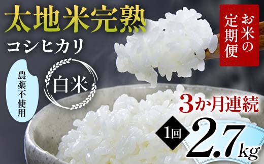 【先行予約】お米の定期便 農薬不使用米 太地米完熟 【こしひかり】 白米2.7kg×3か月連続 ブランド米 お米 精米 白米 人気 F7X-0724