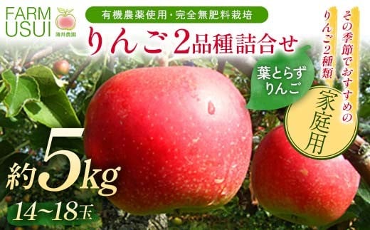 家庭用 有機農薬使用・完全無肥料栽培「りんご2品種詰合せ」葉とらずりんご約5kg（14～18玉） F7X-0465