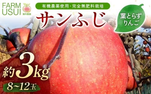 有機農薬使用・完全無肥料栽培「サンふじ」葉とらずりんご約3kg（8～12玉） F7X-0467