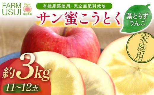 家庭用 有機農薬使用・完全無肥料栽培「サン蜜こうとく」葉とらずりんご約3kg（11～12玉） F7X-0476