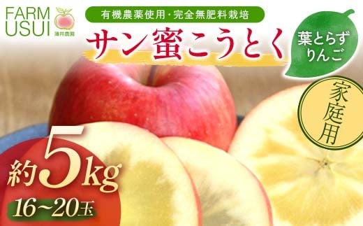 家庭用 有機農薬使用・完全無肥料栽培「サン蜜こうとく」葉とらずりんご約5kg（16～20玉） F7X-0477