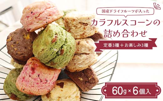 国産ドライフルーツが入ったカラフルスコーンの詰め合わせ 6個入り（定番3種＋お楽しみ3種） ココア 抹茶 いちご フルーツ 紅茶 胡麻 塩キャラメル ピーチ 焼き菓子 F7X-0511