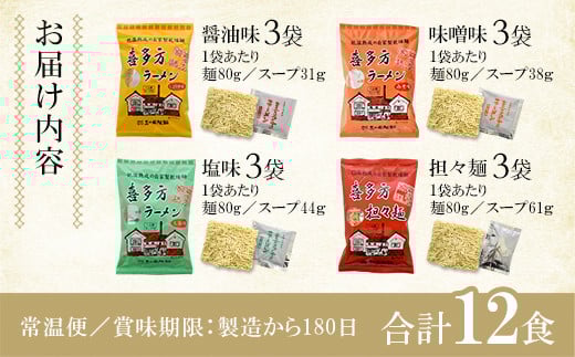 喜多方ラーメン　喜多方自家製乾燥ラーメン　醤油味３袋　味噌味3袋　塩味3袋　担々麺3袋　合計12袋　ラーメン　らーめん　しょうゆ　みそ　しお　たんたんめん　セット　ギフト　人気　お土産　乾麺　食べ比べ　グルメ【07208-0238】