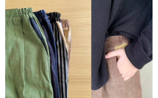 会津木綿ワイドパンツ（緑系）　【07208-0218-1】