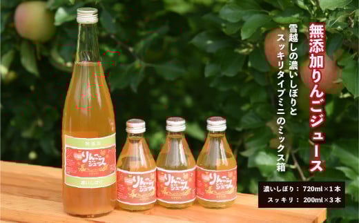無添加りんごジュース　雪越しの濃いしぼり　720ｍｌ　１本　スッキリタイプミニ200ｍｌ　３本　ミックス箱　計４本　飲み比べ　ギフト　お土産【07208-0200】