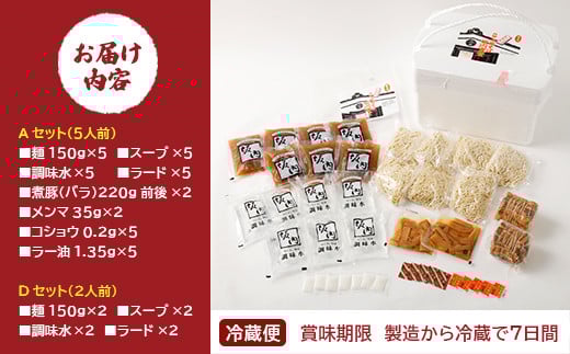 喜多方ラーメン　坂内食堂　本店　おみやげＡセット（５人前　チャーシュー　メンマ　付き）＋Ｄセット（２人前）　ラーメン　らーめん　しょうゆ　セット　ギフト　人気　お土産　生麺　グルメ　有名店　名店【07208-0496】