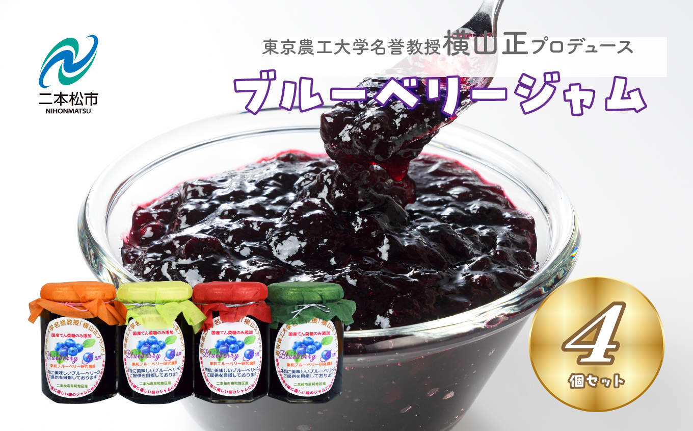 東京農工大学名誉教授「横山　正」ブランドのブルーベリージャム 4個セット ブルーベリー ジャム フルーツ 果物 東京農工大学 名誉教授 おすすめ お中元 お歳暮 ギフト 二本松市 ふくしま 福島県 送料無料【東和ブルーベリー研究農園】