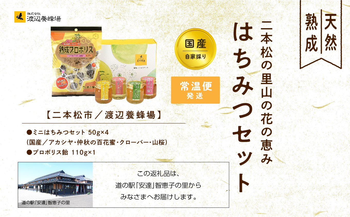 はちみつセット 渡辺養蜂場「ミニはちみつセット50g×4種」「プロポリス飴1袋」 はちみつ 調味料 人気 ランキング おすすめ ギフト 故郷 ふるさと 納税 福島 ふくしま 二本松市 送料無料【道の駅「安達」智恵子の里】