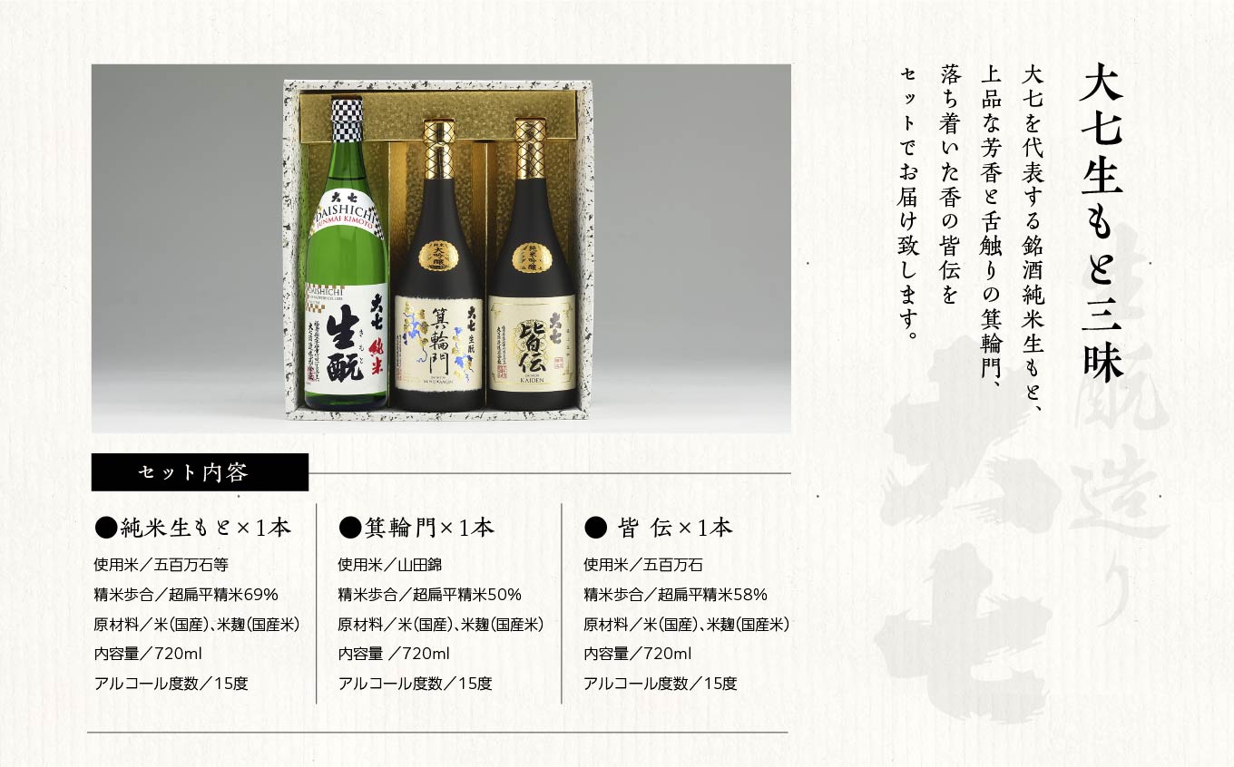 大七生もと三昧「純米生もと」「箕輪門」「皆伝」720ml×3本 酒 お酒 日本酒 四合 720 グルメ 父の日 敬老の日 ギフト プレゼント お中元 お歳暮 人気 おすすめ ふるさと 納税 福島 ふくしま 送料無料【道の駅「安達」智恵子の里】