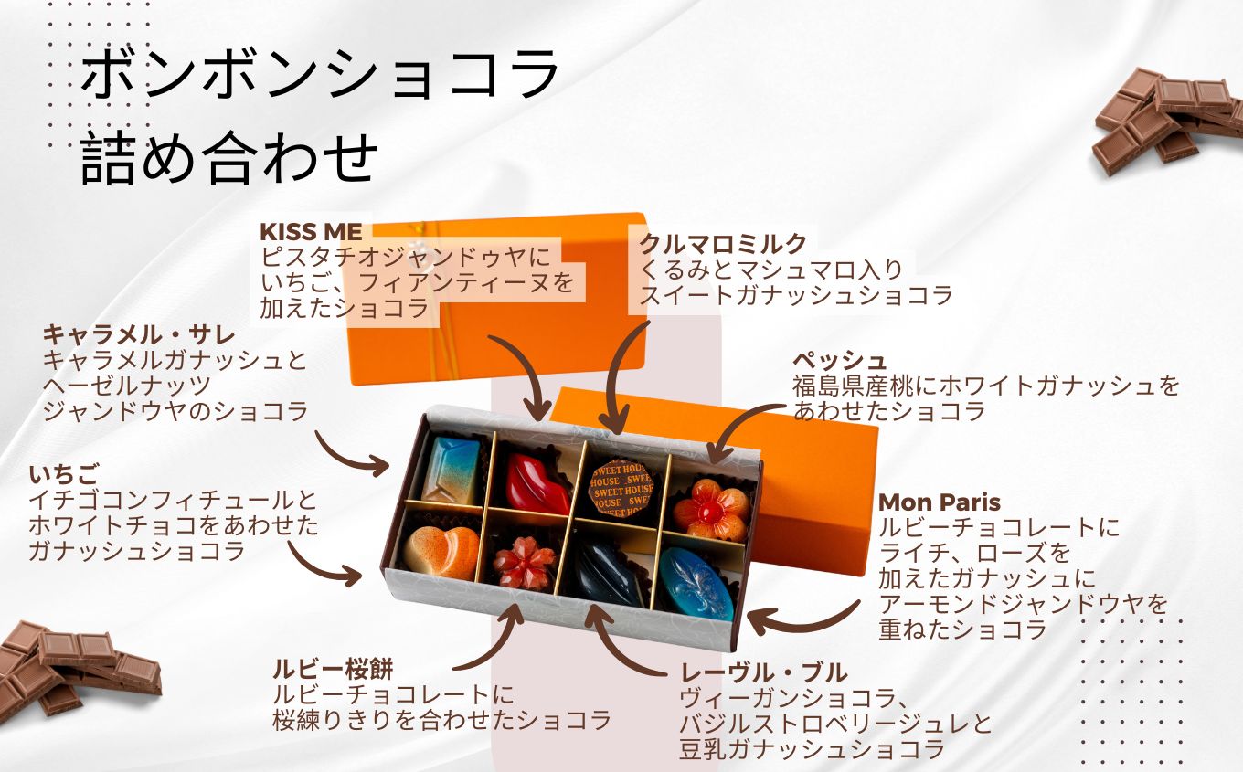 ボンボンショコラ詰め合わせ8種各1個（福島桃・いちご・キャラメルサレ・ルビー桜もち・レーヴルブル・モンパリ・KISSME・クルマロミルク） チョコレート専門店 洋菓子 チョコラ パティシエ 福島の桃 桃 ピーチ お菓子 贈り物 ご当地 プレゼント ギフト 冷凍 おすすめ お中元 お歳暮 ギフト 送料無料 二本松市 ふくしま 福島県 送料無料 【SWEET HOUSE】