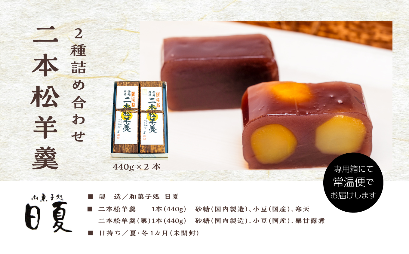二本松羊羹と二本松栗羊羹 詰め合わせ 440g×2本 羊羹 ようかん 羊かん 和菓子 菓子 日夏 お茶菓子 スイーツ 贈答用 おすすめ お中元 お歳暮 ギフト 二本松市 ふくしま 福島県 送料無料【株式会社御菓子処日夏】