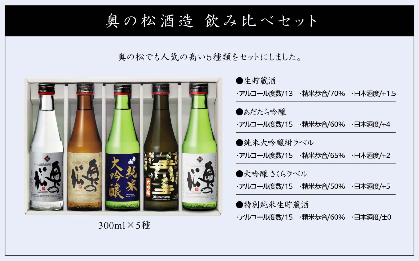 奥の松酒造 飲み比べセット 300ml×5種 奥の松 日本酒 酒 アルコール 純米大吟醸 吟醸 酒造 酒蔵 さけ おすすめ お中元 お歳暮 ギフト 送料無料 二本松市 ふくしま 福島県【道の駅「安達」智恵子の里】