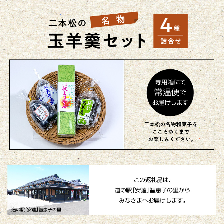 二本松名物玉羊羹セット「玉羊羹」「黒糖玉羊羹」「桃玉羊羹」「抹茶玉羊羹」 和菓子 お菓子 おやつ セット 詰め合わせ グルメ ギフト プレゼント お中元 お歳暮 人気 おすすめ ふるさと 納税 福島 ふくしま 送料無料【道の駅「安達」智恵子の里】