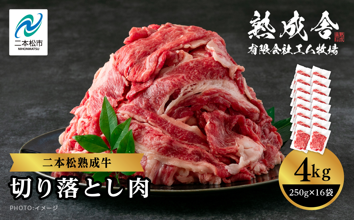 二本松熟成牛 切り落とし4kg（250g×16袋）  小分け 牛肉 肉 切落し 薄切り 部位 お取り寄せ グルメ 牛丼 炒めものに プレゼント おすすめ お中元 お歳暮 ギフト 二本松市 ふくしま 福島県 送料無料【有限会社エム牧場】