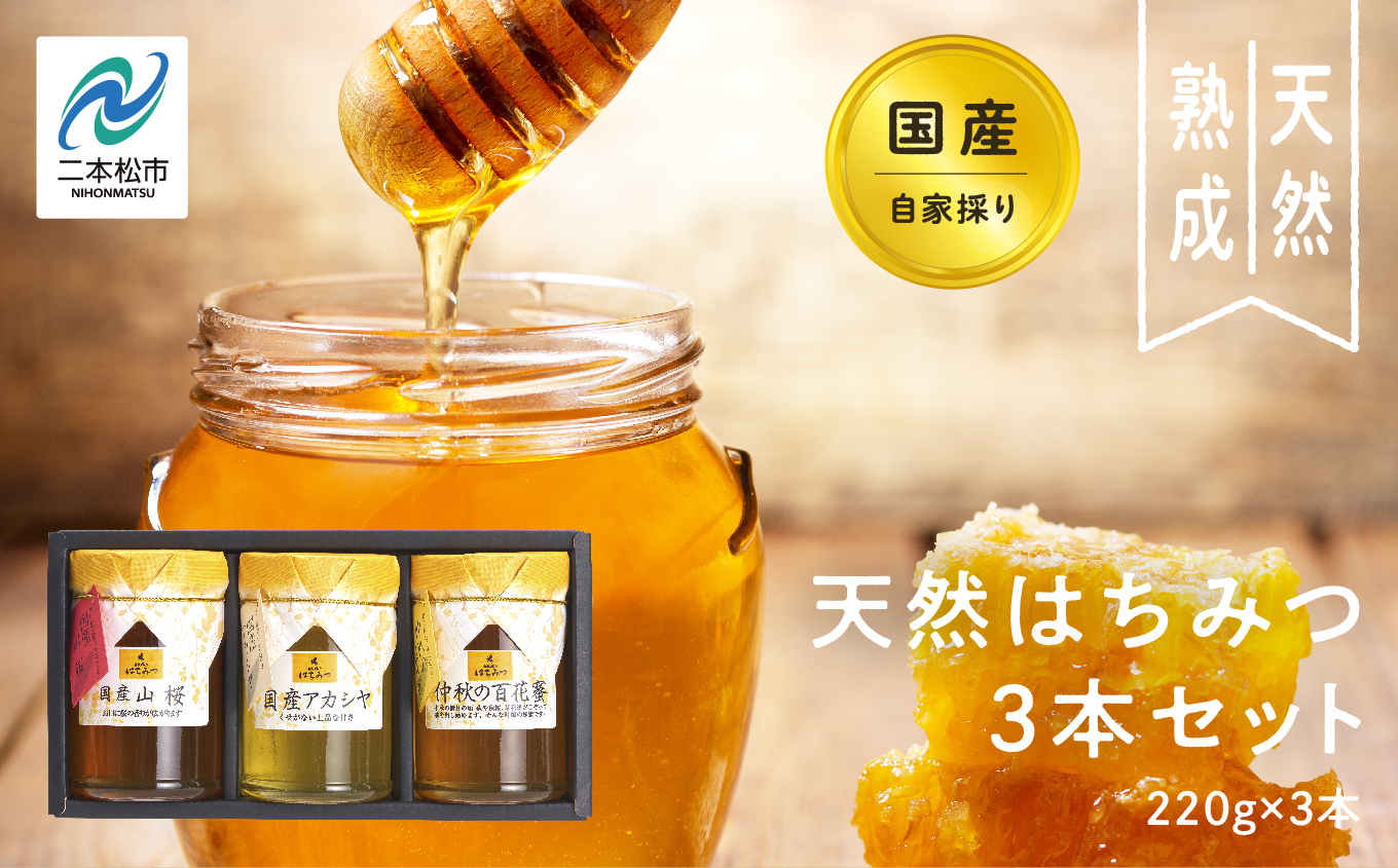 自家採り国産天然はちみつ 3本セット(220g×3) 蜂蜜 はちみつ ハチミツ 国産 百花蜜 アカシヤ アカシア ハニー 天然 無添加 おすすめ お中元 お歳暮 ギフト 二本松市 ふくしま 福島県 送料無料【株式会社渡辺養蜂場】