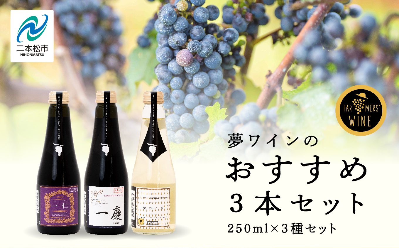 夢ワインのおすすめ3本セット 250ml×3本 ワイン 飲みやすい 赤ワイン お酒 飲み比べ ご当地 ワイナリー グルメ プレゼント 人気 ランキング おすすめ お中元 お歳暮 ギフト 二本松市 ふくしま 福島県 送料無料【ふくしま農家の夢ワイン株式会社】