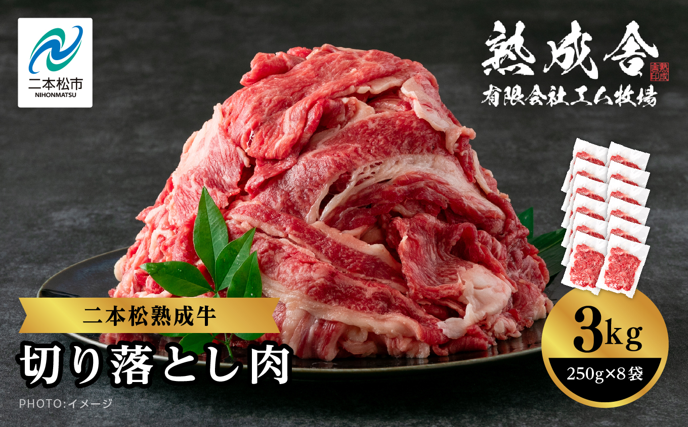 二本松熟成牛 切り落とし3kg（250g×12袋）小分け 牛肉 肉 切落し 薄切り 部位 お取り寄せ グルメ 牛丼 炒めものに プレゼント おすすめ お中元 お歳暮 ギフト 二本松市 ふくしま 福島県 送料無料【有限会社エム牧場】