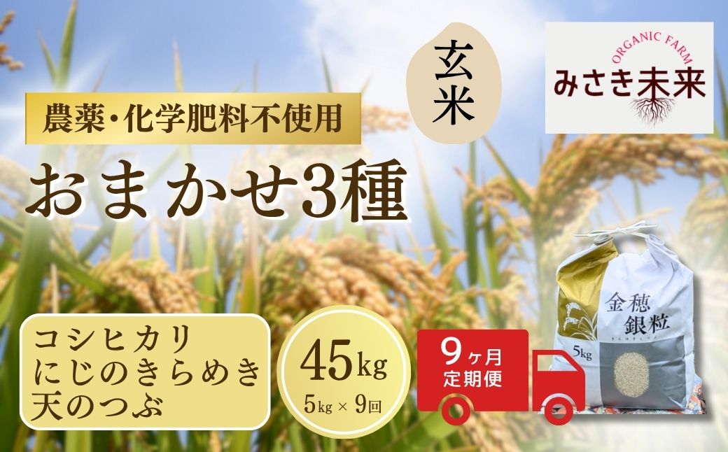 【先行予約】【9か月定期便】玄米おまかせ3品種 各品種・計135kg (5kg×9回) 令和8年産 コシヒカリ・にじのきらめき・天のつぶ | 無農薬 農薬不使用 化学肥料不使用 精米 お米 米 こめ コメ 福島産 福島県産 南相馬 みさき未来 定期便 食べ比べ co029-ac