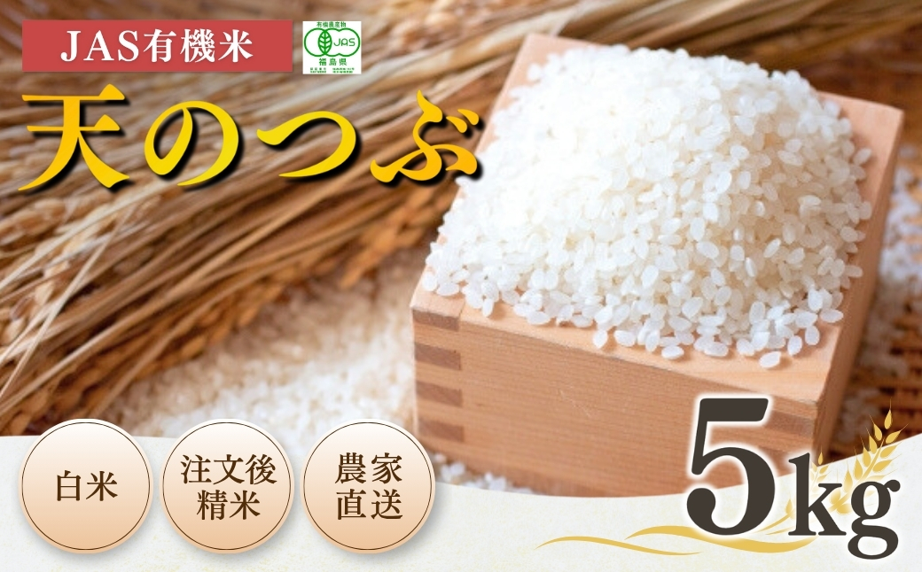 JAS有機米 天のつぶ 白米 5kg 令和7年産 | 精米 JAS 有機米 コメ ブランド米 低温貯蔵庫 福島県産 根本有機農園【53870-002-02】