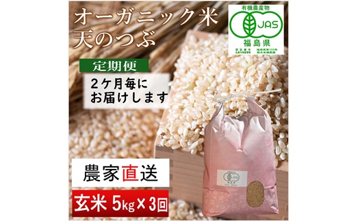 《新米先行受付》【令和6年産米】隔月定期便（計3回） JAS有機米 天のつぶ（玄米） 5kg×3回 計15kg【3005101】