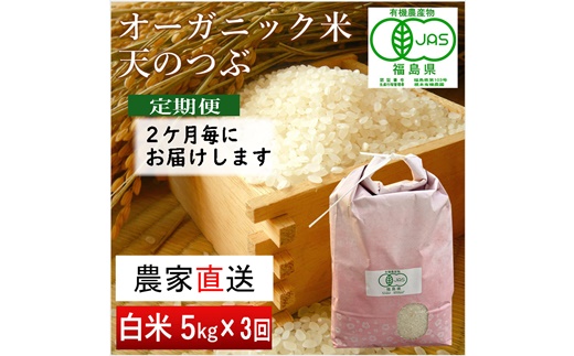 【令和6年産・新米】隔月定期便（計3回）　JAS有機米　天のつぶ（白米）　5kg×3回 計15kg【3005201】