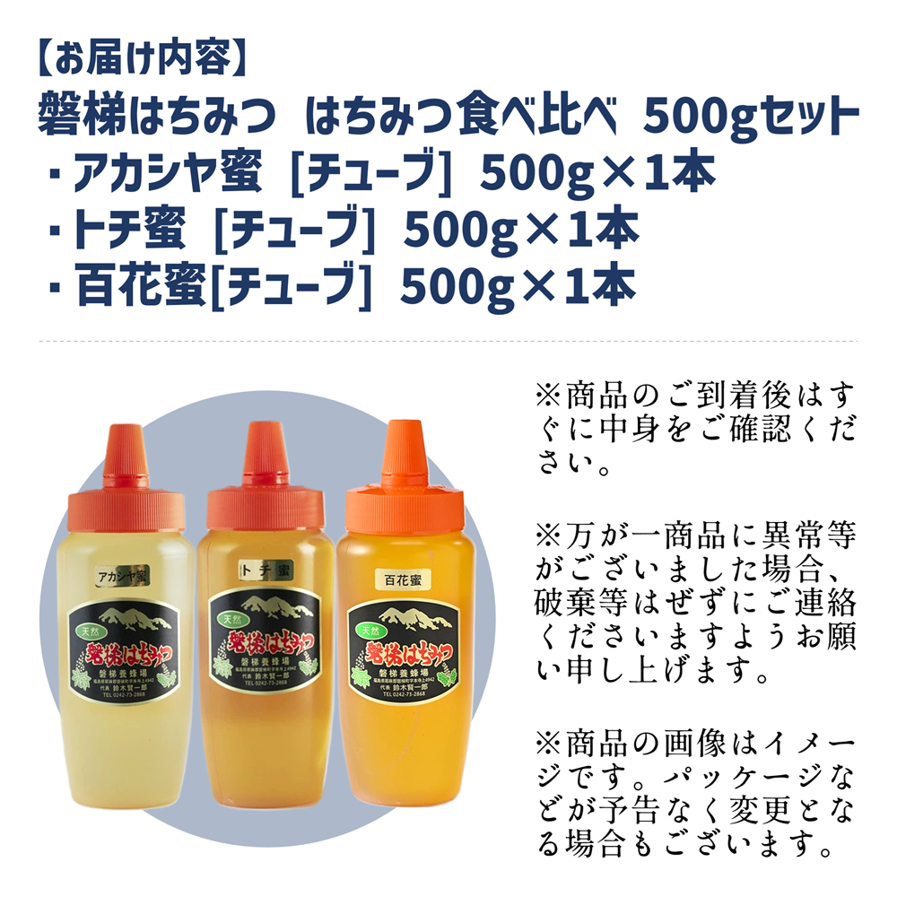 磐梯養蜂食べ比べセット 500g×3種類　はちみつ　アカシヤ　トチ　百花蜜　