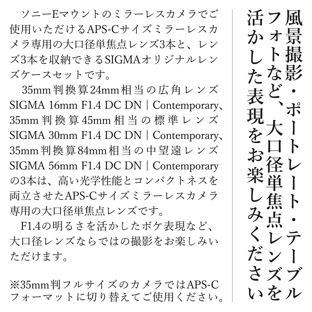 SIGMA APS-Cサイズ用 単焦点レンズ3本セット（ソニーEマウント用）